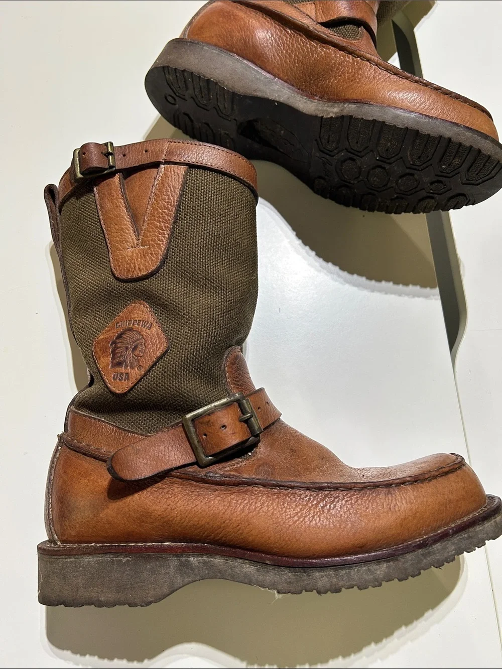Chippewa Snake Boots Brown / Olive Canvas Leather Boots 6EE